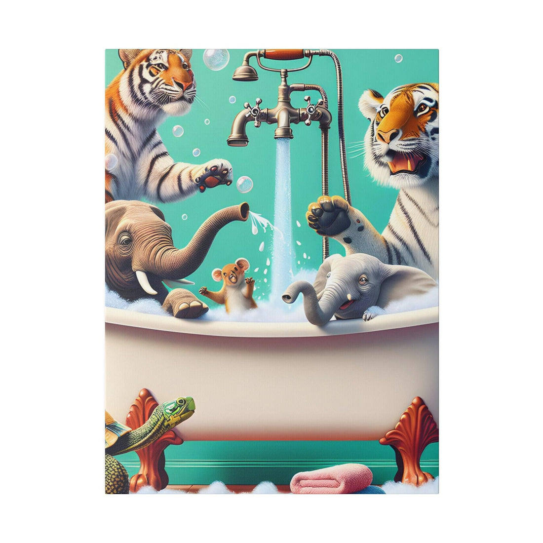 "Rinsed Wilderness: Animals in Bathtub Canvas Wall Art" - The Alice Gallery